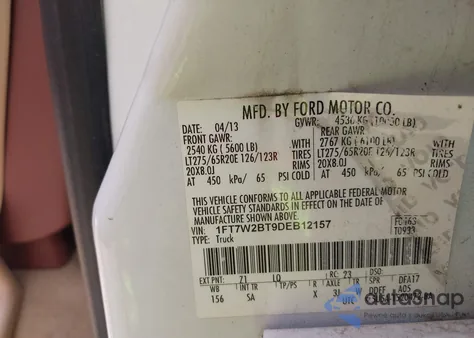 2013 Ford F-250 Lariat from USA, damaged, VIN 1FT7W2BT9DEB12157